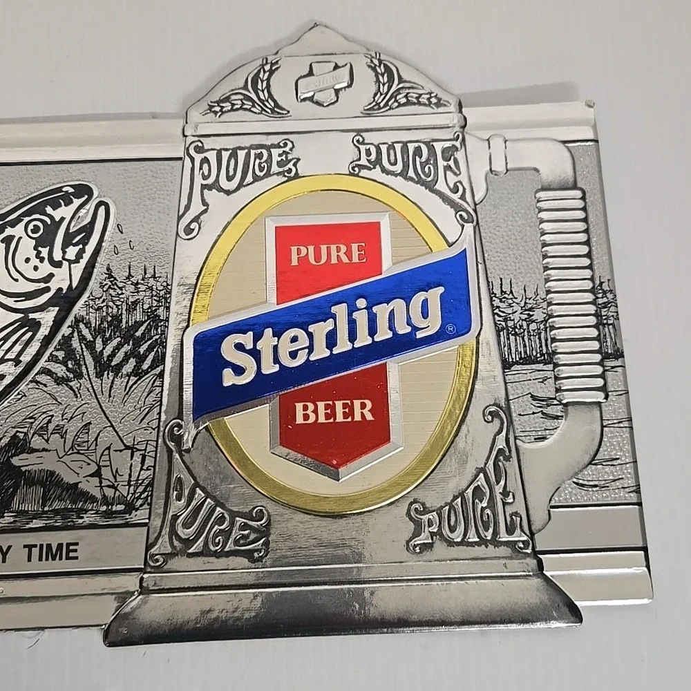 1974 STERLING Pure Beer Bass Fish Embosograph Metallic Sign Heileman‎ Brewing